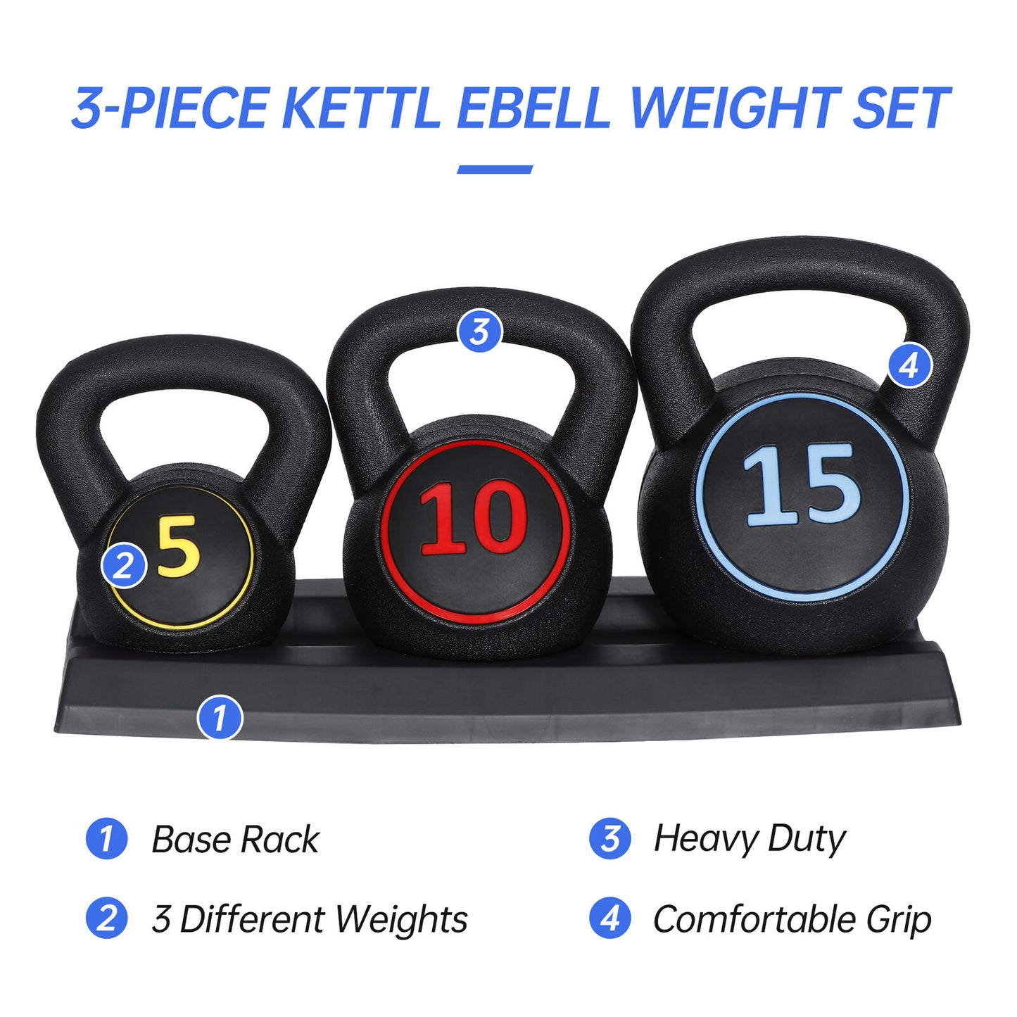 Pro 3-Piece Kettlebell Set Fitness Strength Training Exercise with Base Rack
