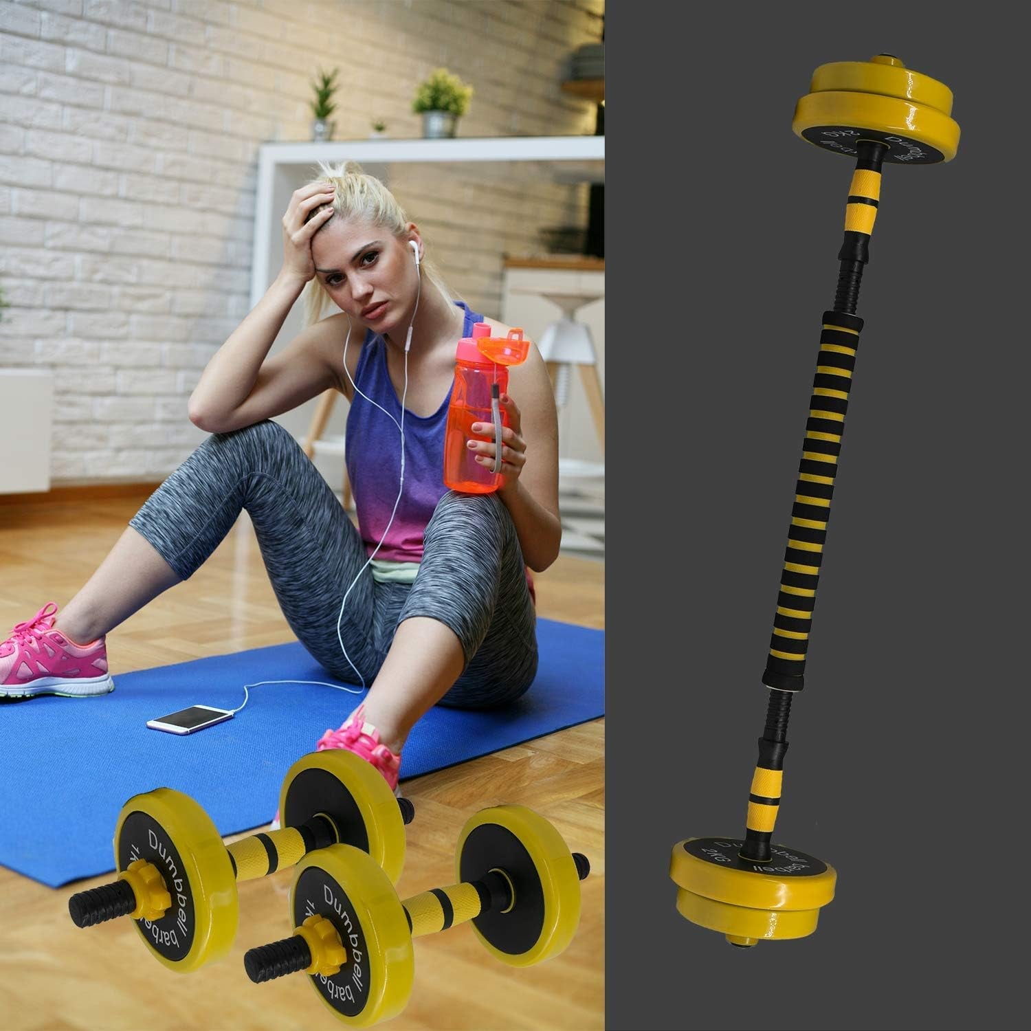 Adjustable Dumbbell Barbell Weight Pair, Free Weights Set 2-In-1 22LB/33LB/44LB/66LB, Weights Dumbbells Set with Rod, Non-Slip Handles, All-Purpose, Home, Gym, Office