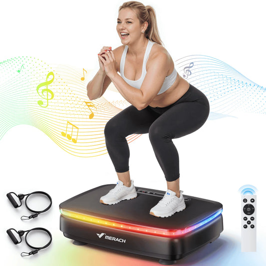 LED Light Vibration Plate Exercise Machine, Vibrating Muscle Toner, Bluetooth Speaker Whole Body Workout Fitness Platform with Resistance Bands, 330Lb Capacity