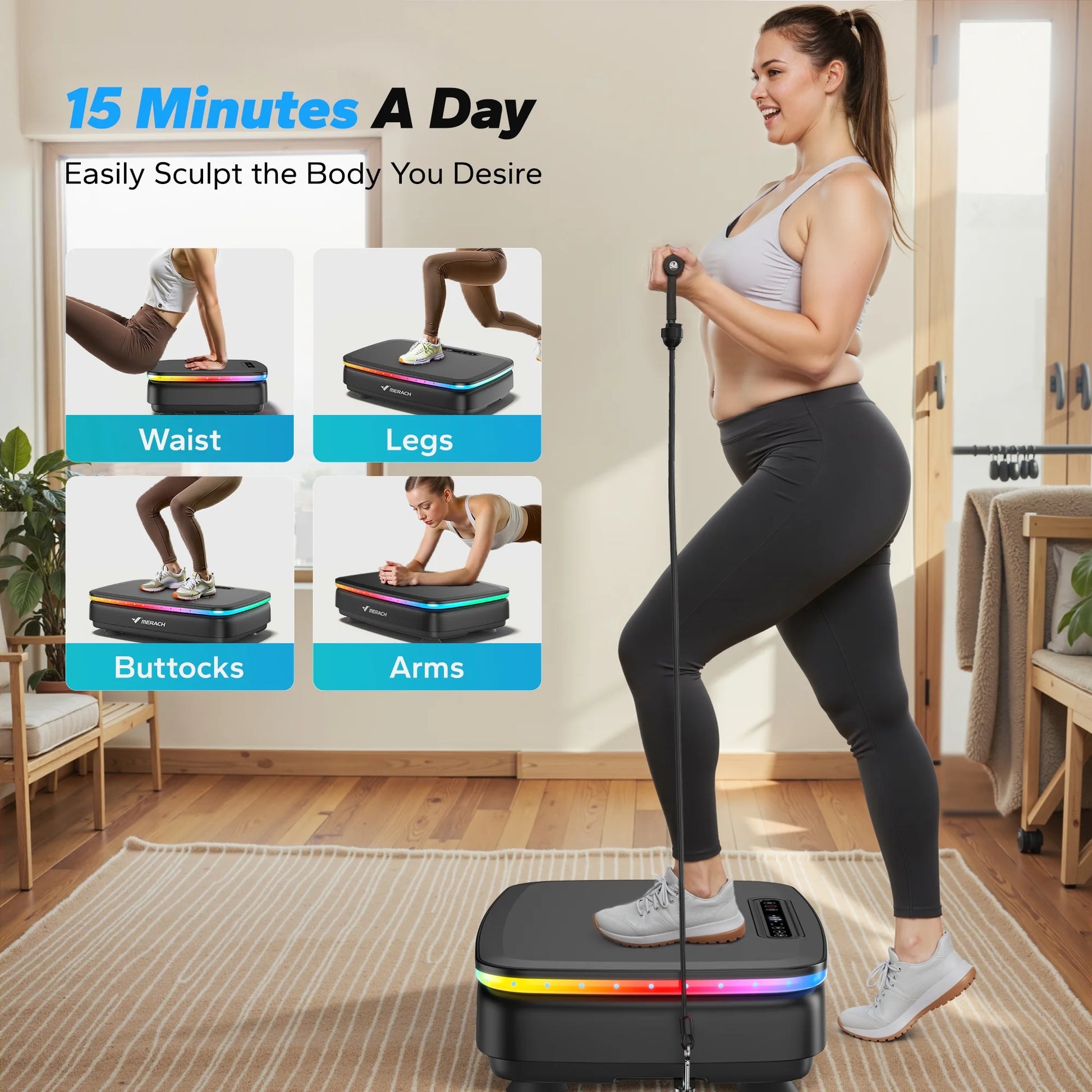 LED Light Vibration Plate Exercise Machine, Vibrating Muscle Toner, Bluetooth Speaker Whole Body Workout Fitness Platform with Resistance Bands, 330Lb Capacity